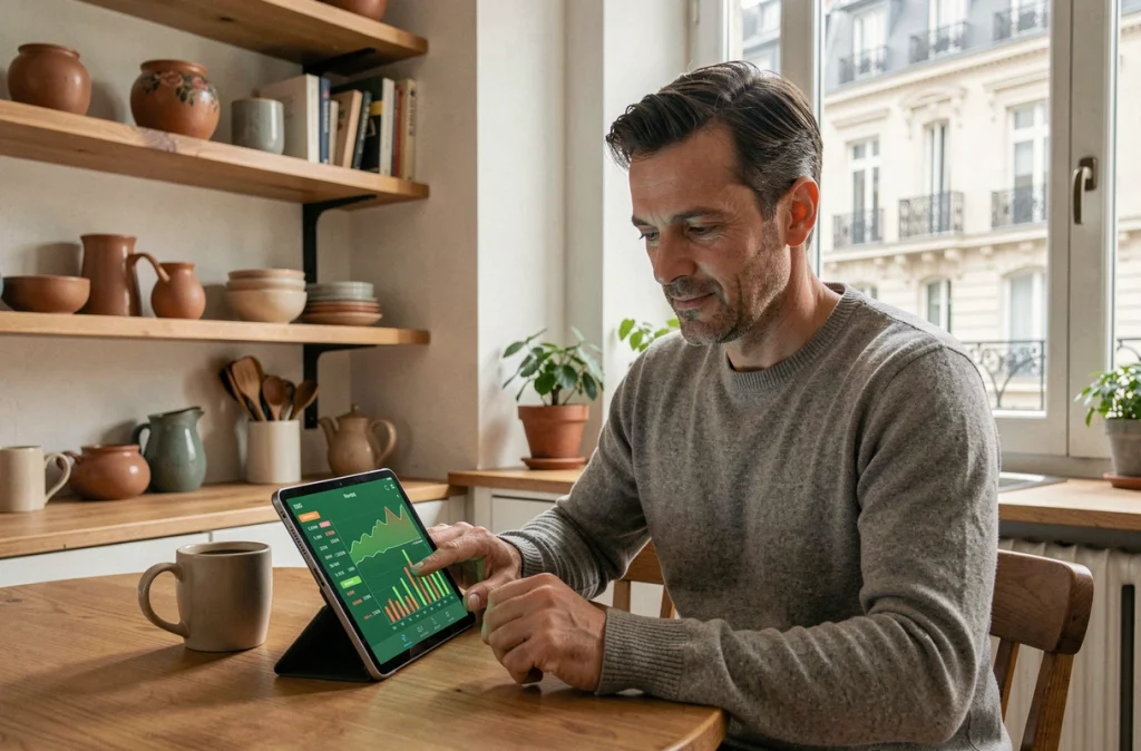 Homme consultant une application de finance durable sur tablette dans un appartement parisien