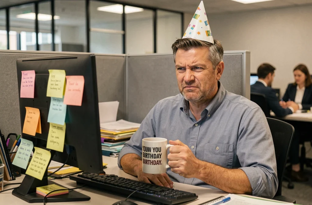 Homme au bureau portant un chapeau d'anniversaire comique entouré de blagues de collègues