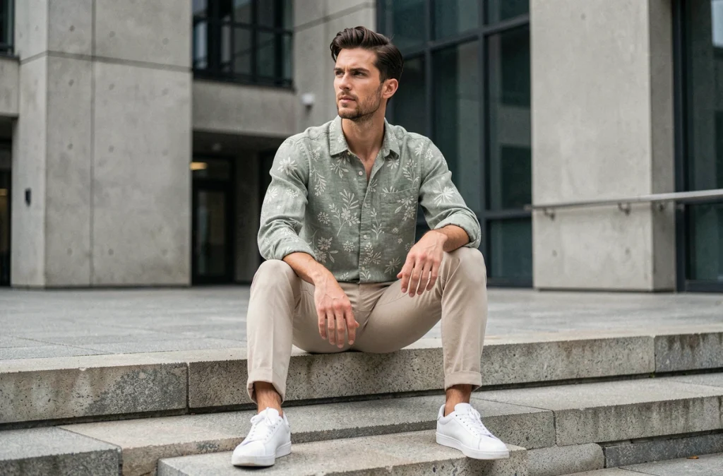 Homme en chemise jacquard à motif floral discret assis sur les marches d'un bâtiment urbain contemporain