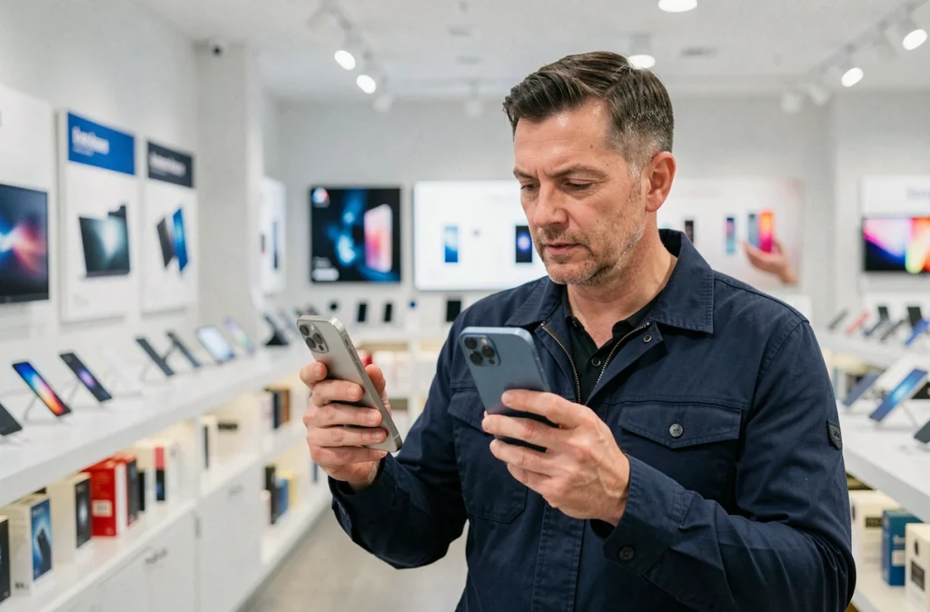 Homme d'âge moyen comparant un iPhone 14 avec un autre smartphone dans un magasin d'électronique moderne