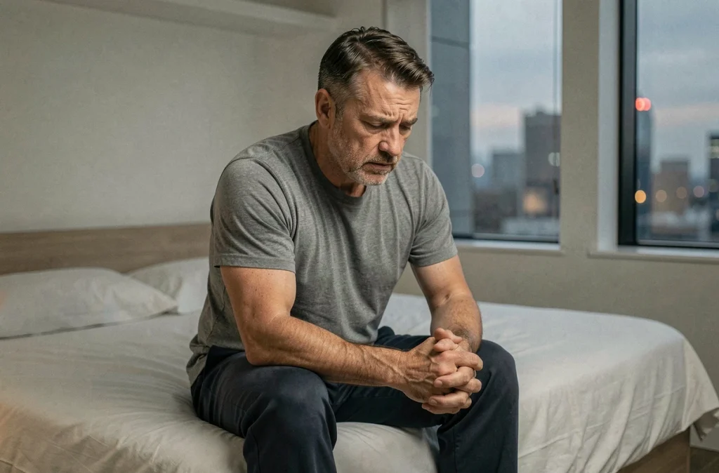 Homme épuisé assis au bord du lit en soirée, représentant l'impact du stress chronique sur la qualité du sommeil