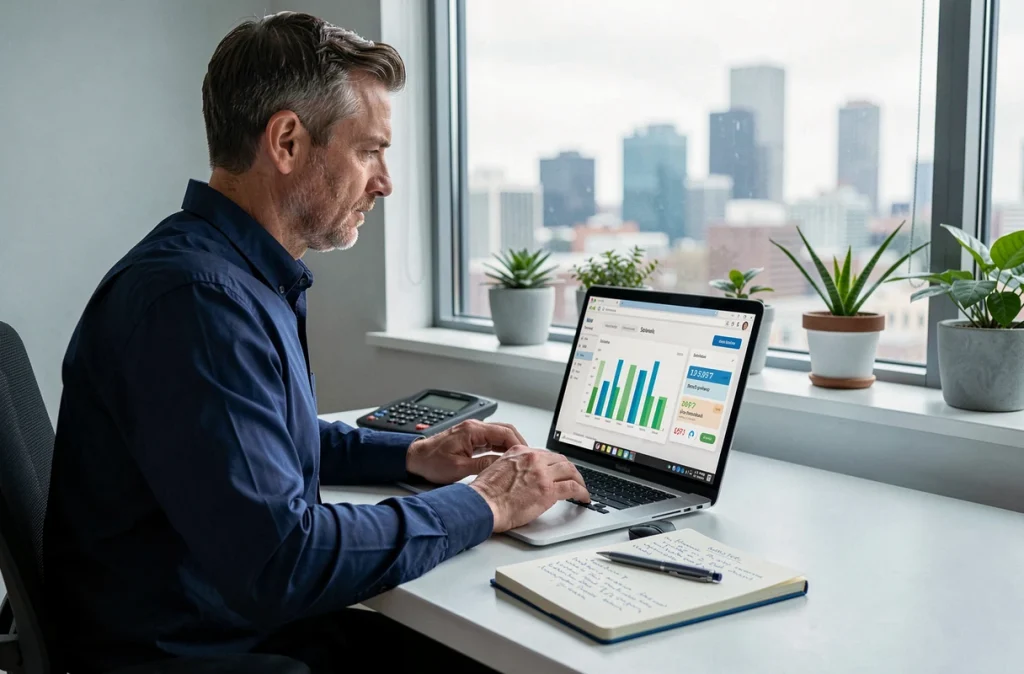 Homme utilisant un logiciel de suivi des dépenses sur ordinateur portable dans un bureau à domicile
