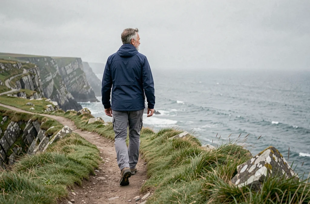 Homme d'âge mûr marchant sur un sentier côtier face à l'océan, symbolisant la liberté et les effets positifs de la marche sur le bien-être mental