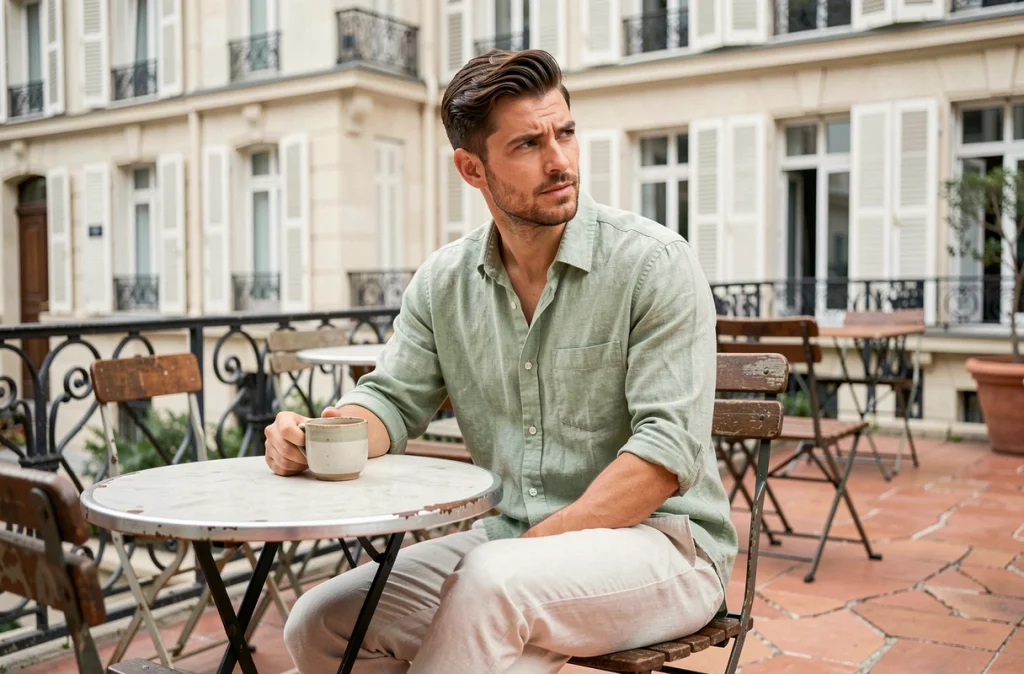 Homme en chemise et pantalon en lin vert sauge assis en terrasse parisienne, mode printemps-été