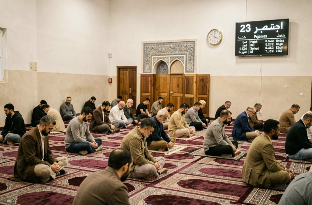 Intérieur d'une mosquée parisienne avec des fidèles assis et un tableau numérique des horaires de prière affiché sur le mur