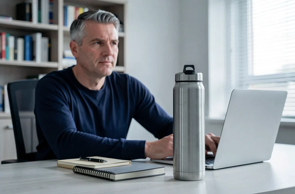 Homme au bureau avec une grande bouteille d'eau réutilisable pour maintenir une bonne hydratation au travail