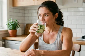 Femme buvant un verre d'eau infusée au concombre et à la menthe pour renforcer son système immunitaire
