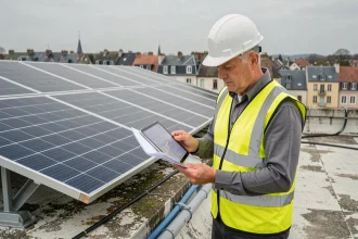Ingénieur en gilet haute visibilité inspectant des panneaux solaires sur le toit d'un bâtiment municipal pour un projet d'énergie renouvelable collectif