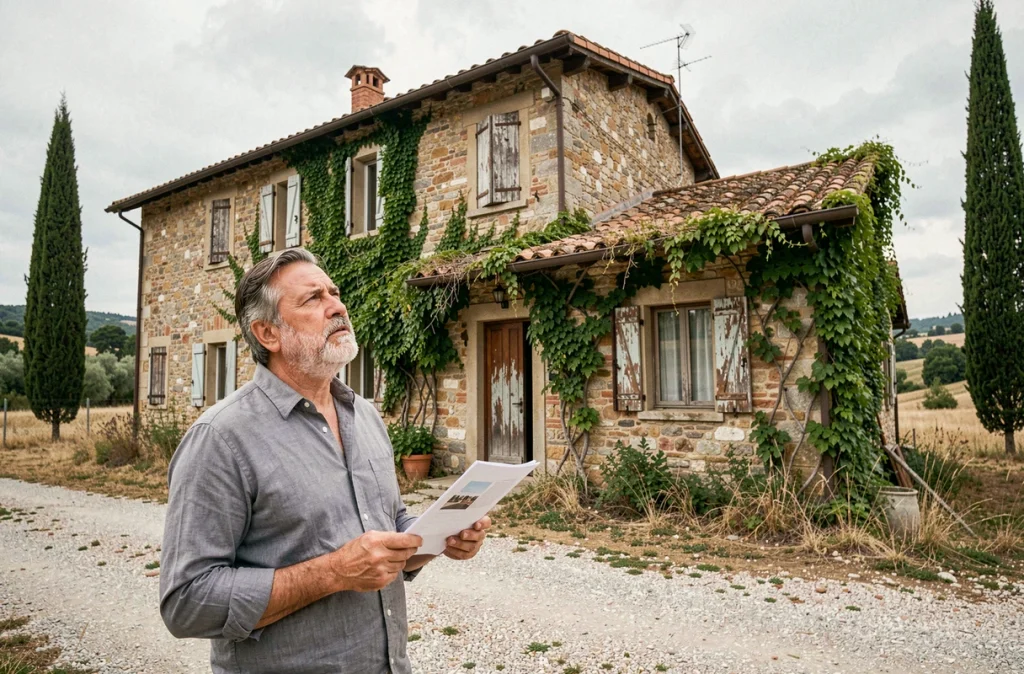 Acheteur étranger inspectant une maison en pierre italienne après un achat immobilier à distance, découvrant l'état réel du bien