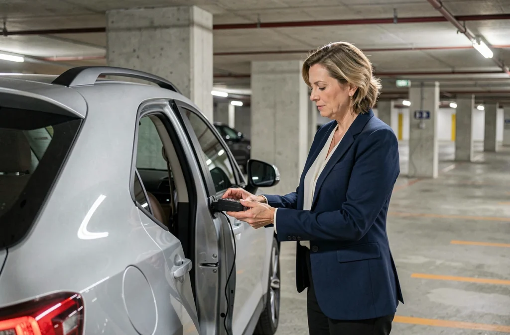 Femme installant un boîtier télématique dans son SUV pour son assurance auto connectée