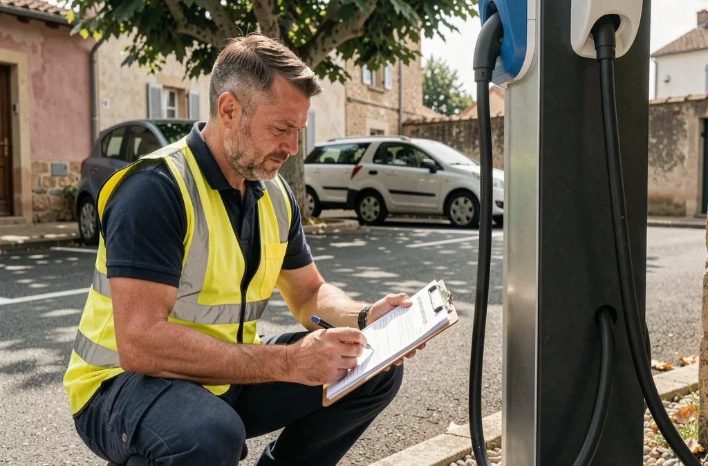 Agent municipal inspectant une borne de recharge nouvellement installée sur un parking de village en France