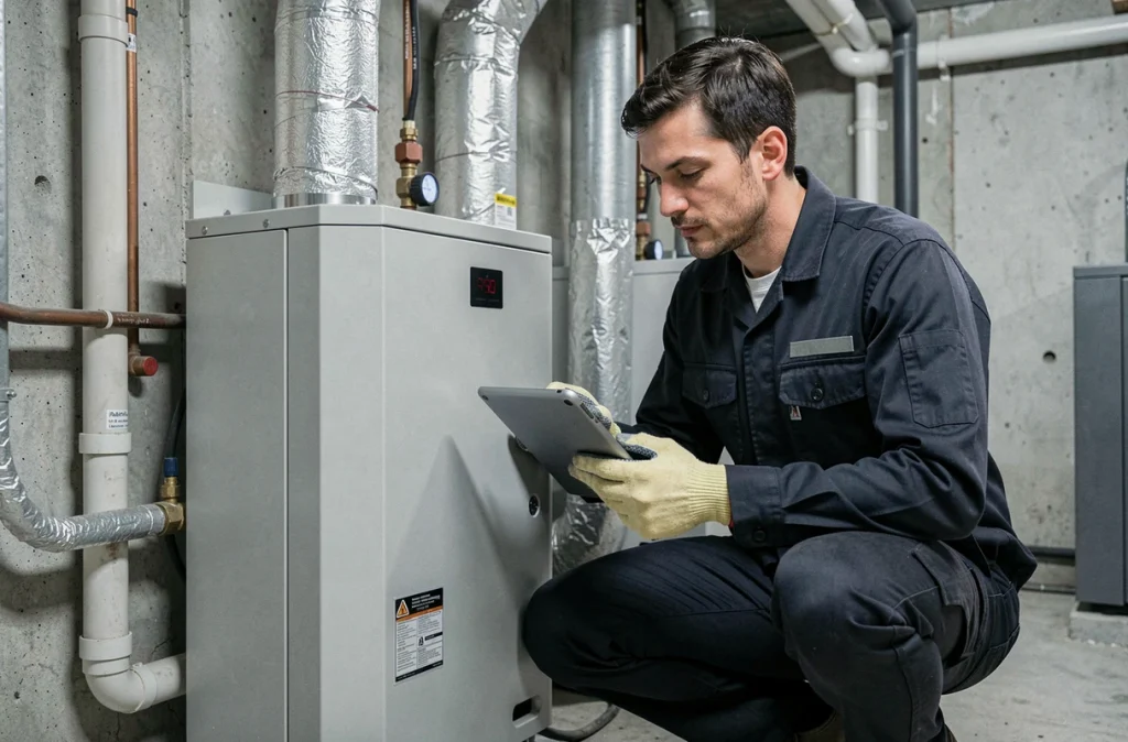 Technicien installant une pompe à chaleur dans la chaufferie d'une copropriété dans le cadre d'une rénovation énergétique collective