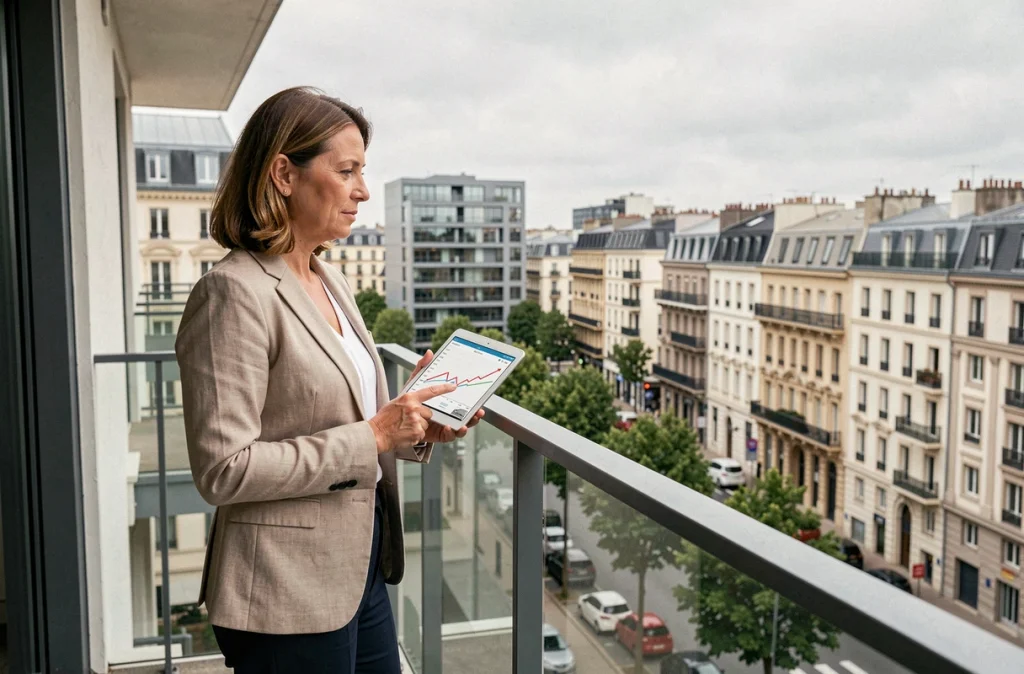 Investisseuse immobilière analysant son portefeuille sur tablette depuis un balcon face à un quartier résidentiel urbain