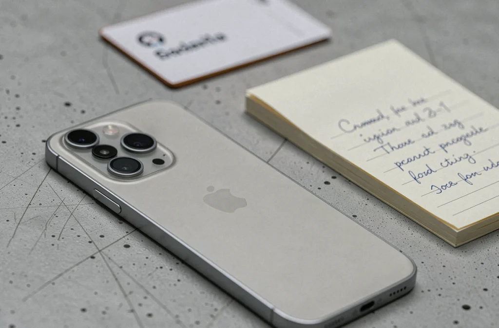iPhone 14 posé sur une surface en béton avec une étiquette de prix et un carnet de notes évoquant une décision d'achat