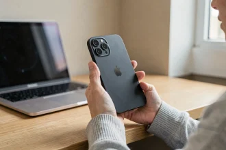 iPhone 14 tenu dans la main d'une femme assise à un bureau en bois dans un bureau à domicile minimaliste