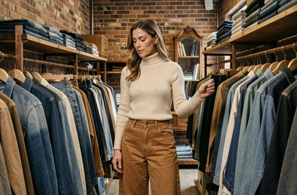 Femme mature en jean taille haute large couleur camel dans une boutique vintage aux murs en briques apparentes
