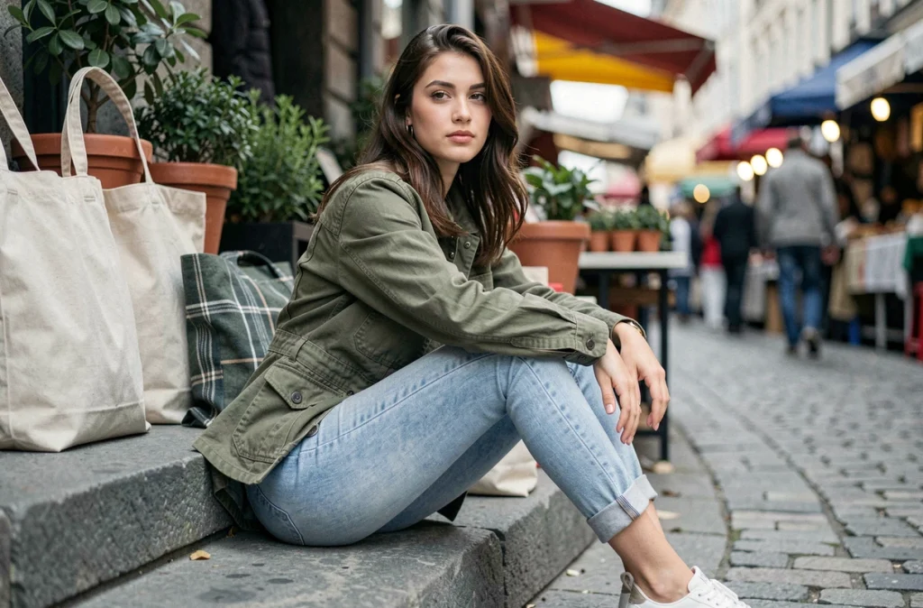 Jeune femme en jean skinny taille haute délavé et veste utilitaire verte assise sur des marches en pierre d'un marché urbain