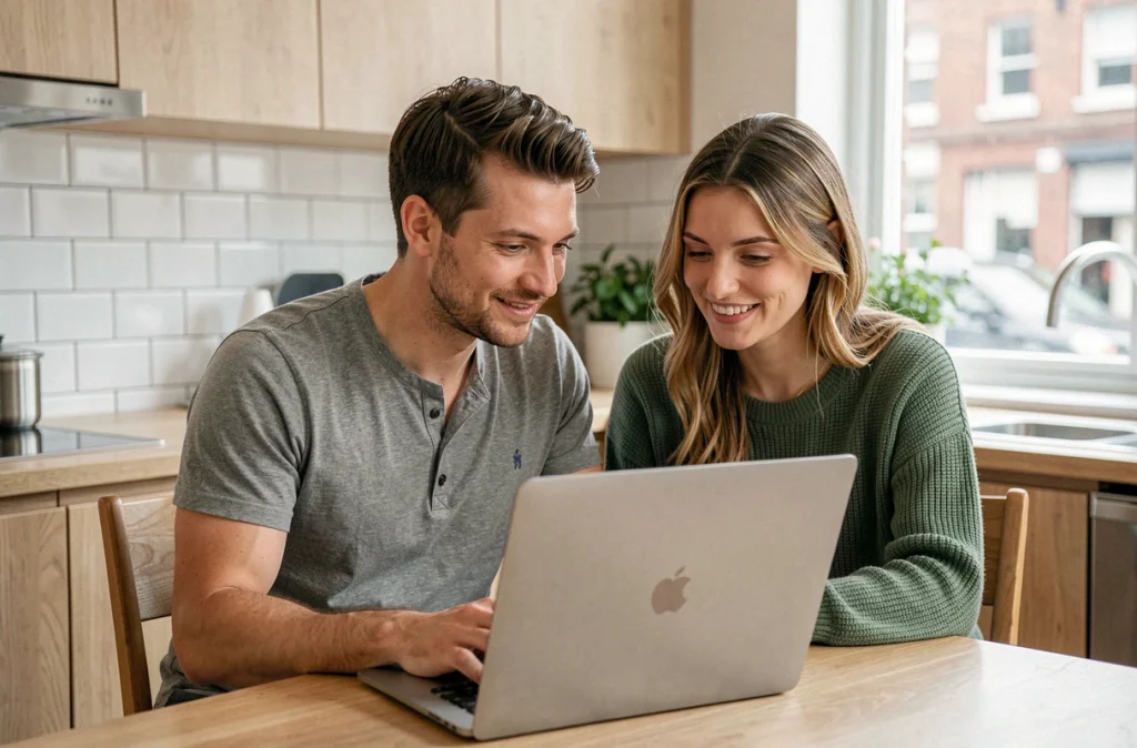 Un jeune couple consulte des informations sur l'assurance-vie sur un ordinateur portable dans leur cuisine moderne, symbolisant les nouveaux épargnants attirés par ce placement en 2024