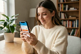 Jeune femme utilisant une carte bancaire virtuelle sur son smartphone dans un appartement moderne
