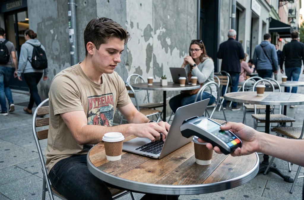 Jeune homme effectuant un paiement sans contact avec une carte virtuelle dans un café urbain