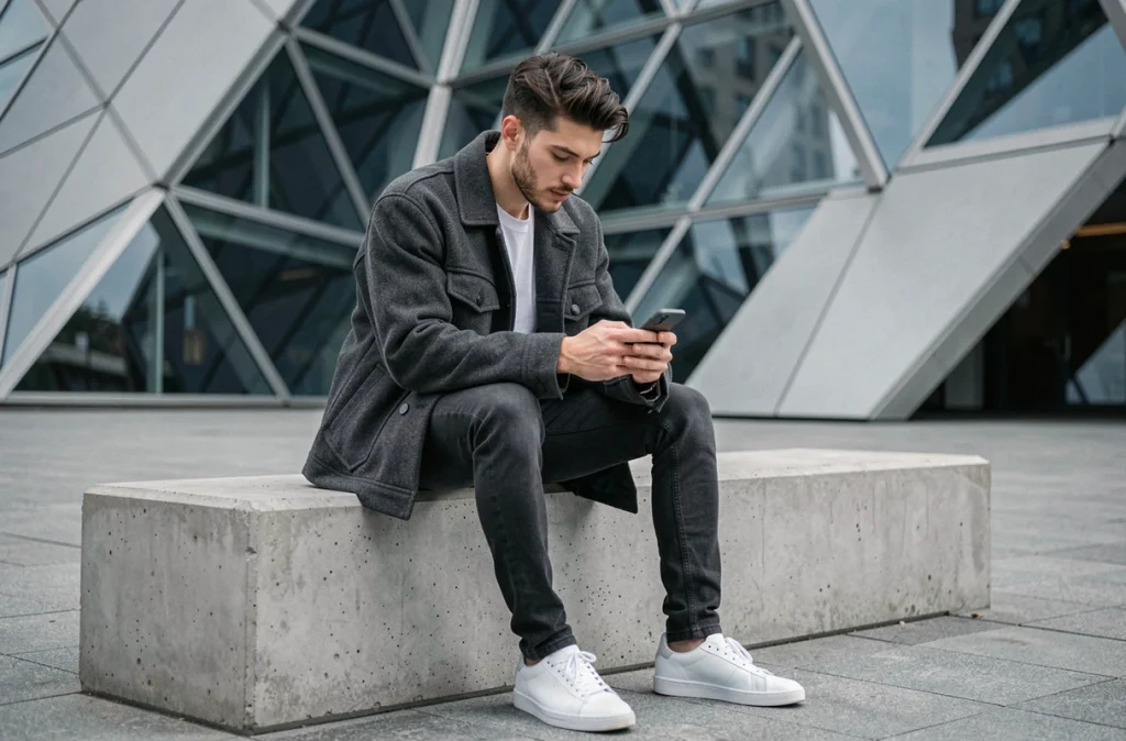 Jeune homme en veste oversize grise assis dans un espace urbain moderne avec une architecture contemporaine en arrière-plan