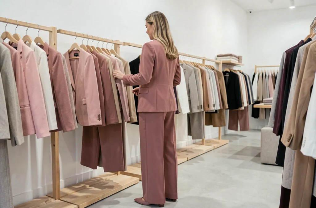 Femme en look monochrome rose poudré dans une boutique minimaliste, ensemble pastel structuré et élégant au quotidien
