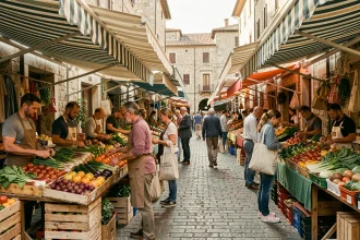 Marché du dimanche matin animé avec étals de fruits et légumes sous des auvents rayés colorés