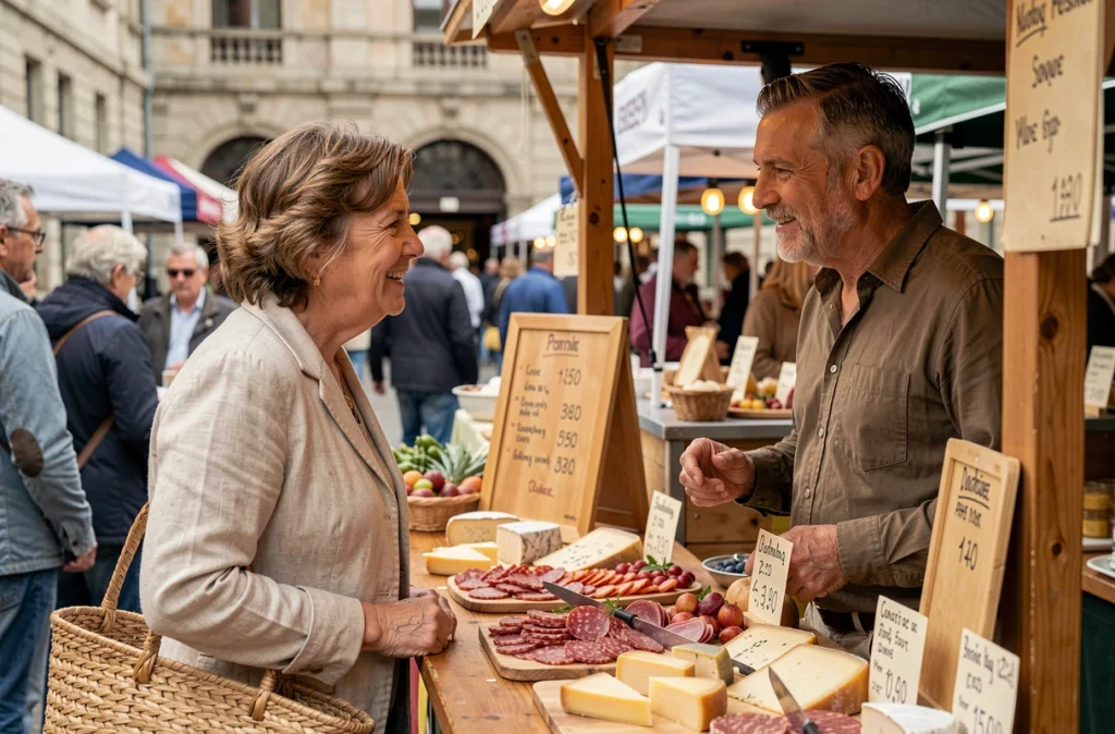 Femme faisant ses courses au marché du dimanche matin devant un étal de fromages et charcuterie