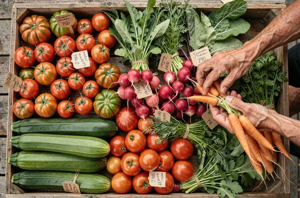 Vue du dessus d'un étal de marché dominical avec légumes frais et étiquettes de prix artisanales