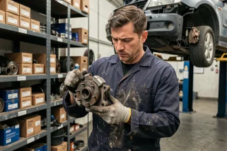 Mécanicien auto inspectant une pièce détachée reconditionnée dans un atelier de réparation automobile professionnel