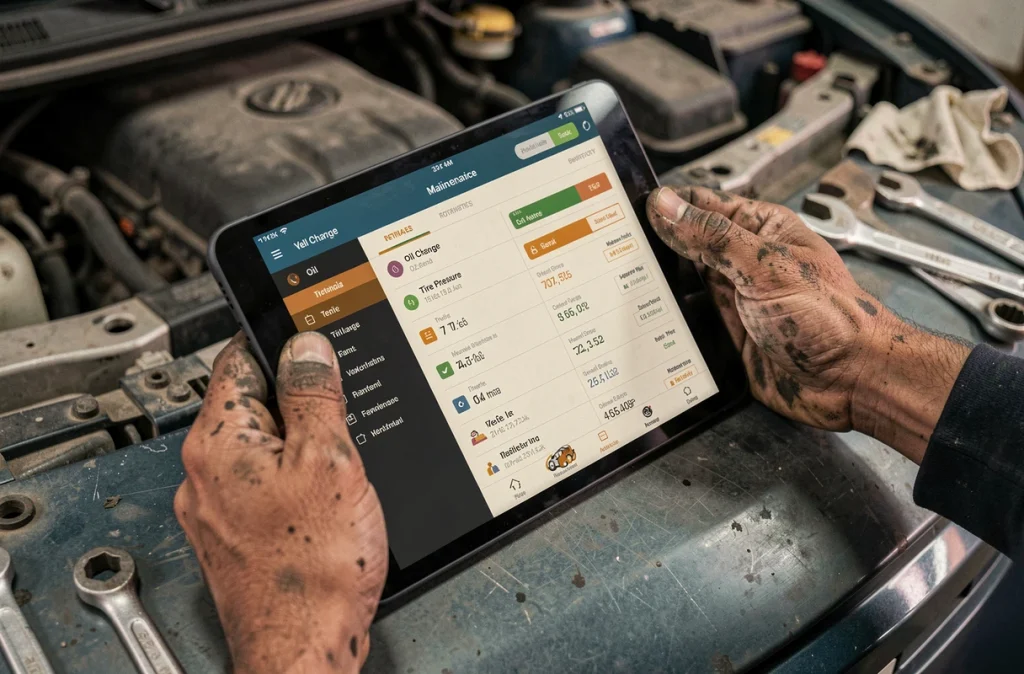 Gros plan sur les mains d'un mécanicien tenant une tablette avec une application de diagnostic et suivi d'entretien automobile