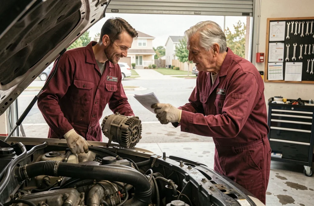 Deux mécaniciens installant un alternateur reconditionné sur un moteur de véhicule dans un garage indépendant