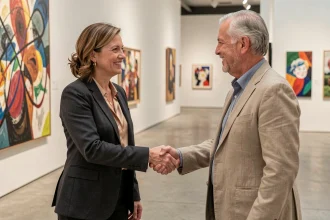 Dirigeante d'entreprise serrant la main d'un conservateur de musée lors d'un partenariat de mécénat culturel dans une galerie d'art contemporain