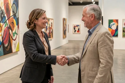 Dirigeante d'entreprise serrant la main d'un conservateur de musée lors d'un partenariat de mécénat culturel dans une galerie d'art contemporain