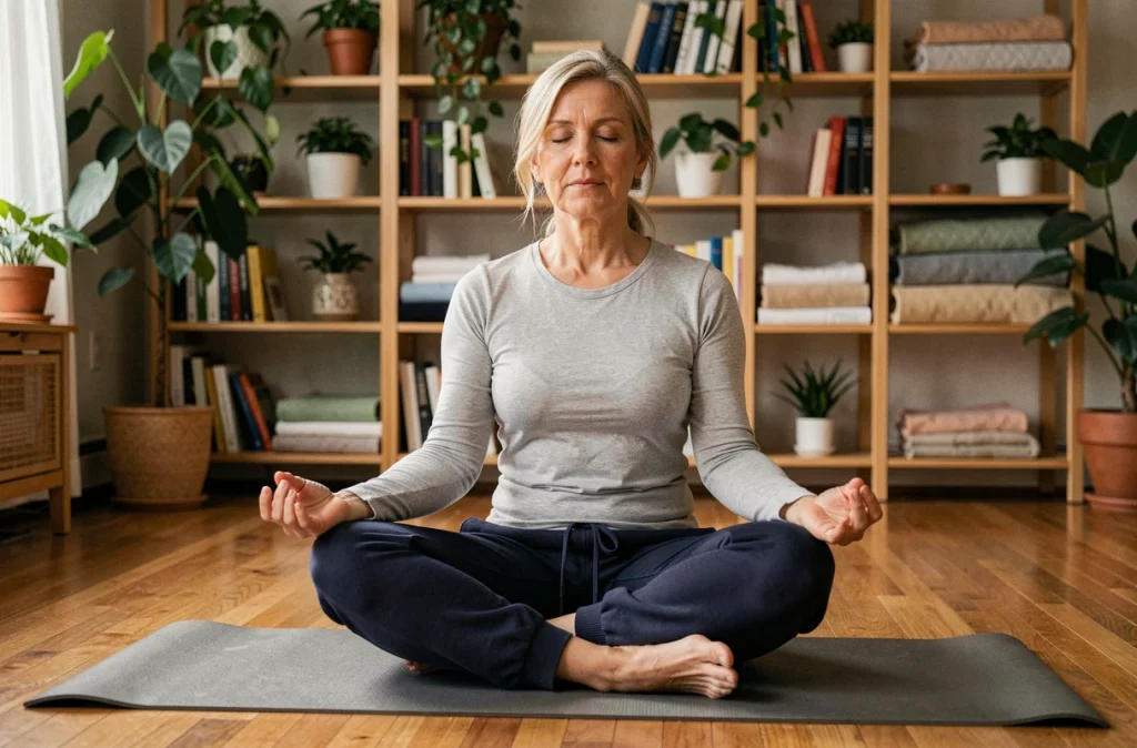 Femme pratiquant une méditation apaisante avant le coucher pour réduire le stress chronique et améliorer le sommeil