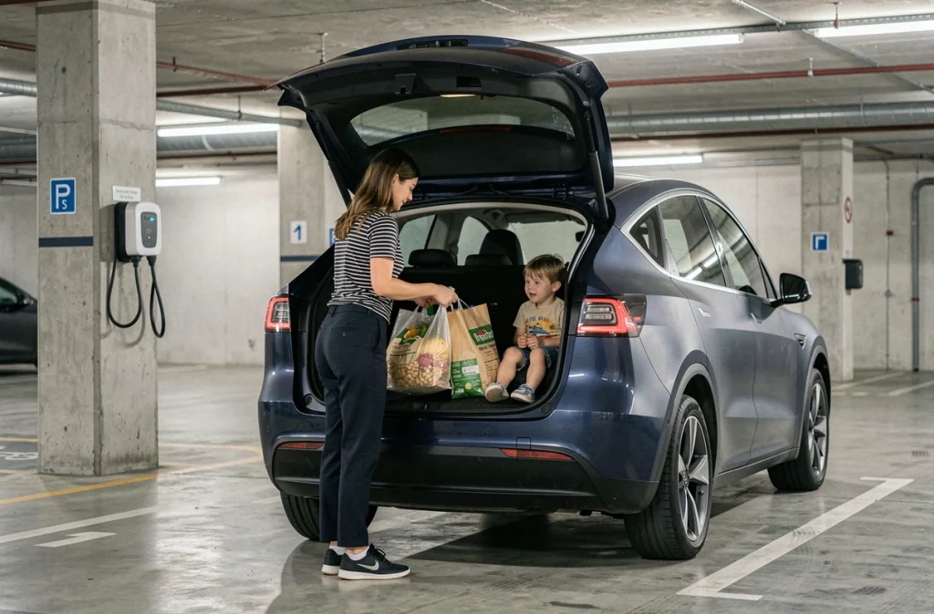 Une jeune mère charge des courses dans le coffre de son SUV électrique bleu marine dans un parking souterrain urbain
