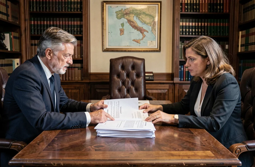 Couple d'acheteurs étrangers examinant des documents légaux avec un notaire italien, soulignant l'importance des vérifications juridiques lors d'un achat immobilier à distance