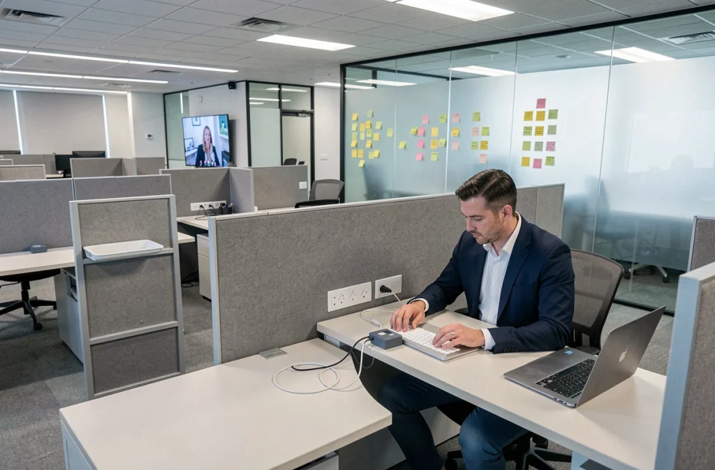 Bureau en open space d'entreprise avec postes de travail partiellement inoccupés illustrant la transition vers le télétravail hybride