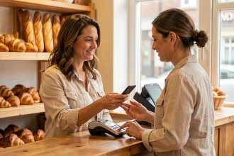 Une femme paie sans contact avec son smartphone dans une boulangerie de quartier
