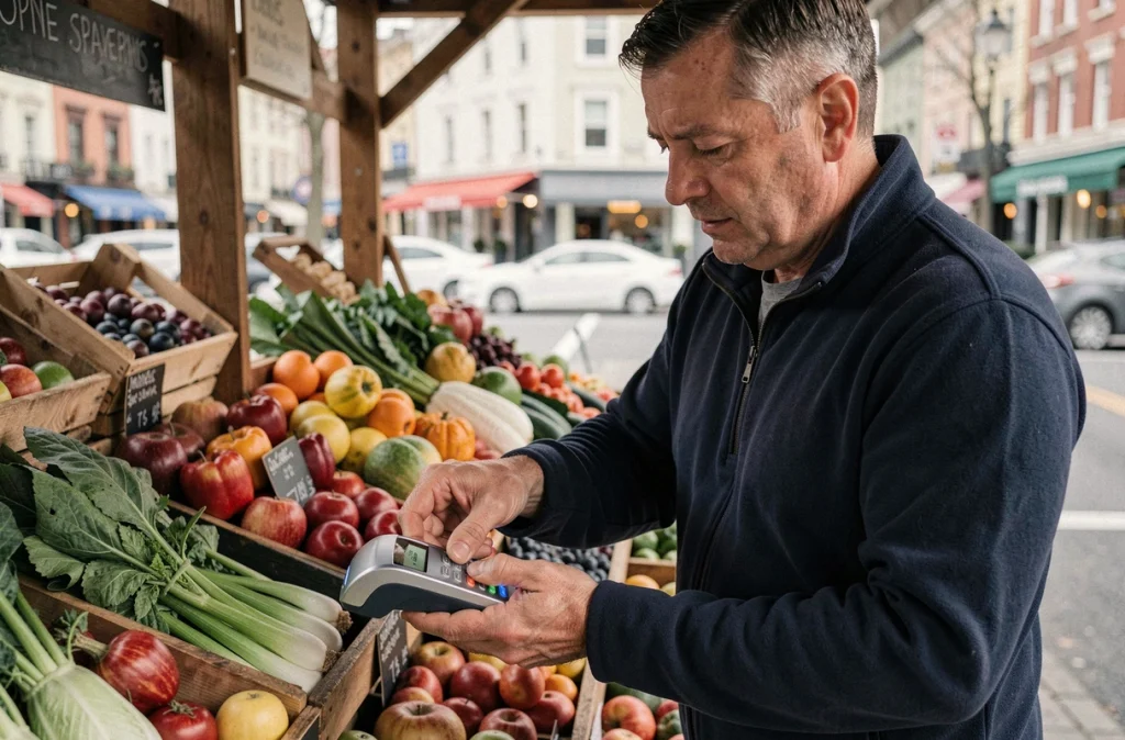 Un homme règle ses achats sans contact chez un marchand de légumes en plein air