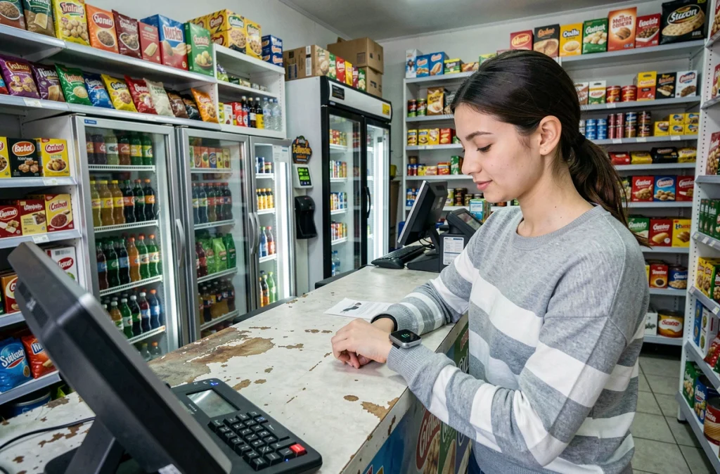 Une jeune femme utilise sa montre connectée pour payer sans contact dans une épicerie urbaine