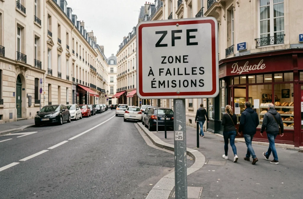 Panneau de Zone à Faibles Émissions à l'entrée d'un centre-ville français