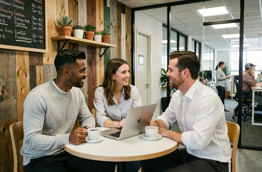 Groupe de collègues en pause autour d'une table dans un café d'entreprise réaménagé, discutant autour d'un ordinateur portable et de tasses à café