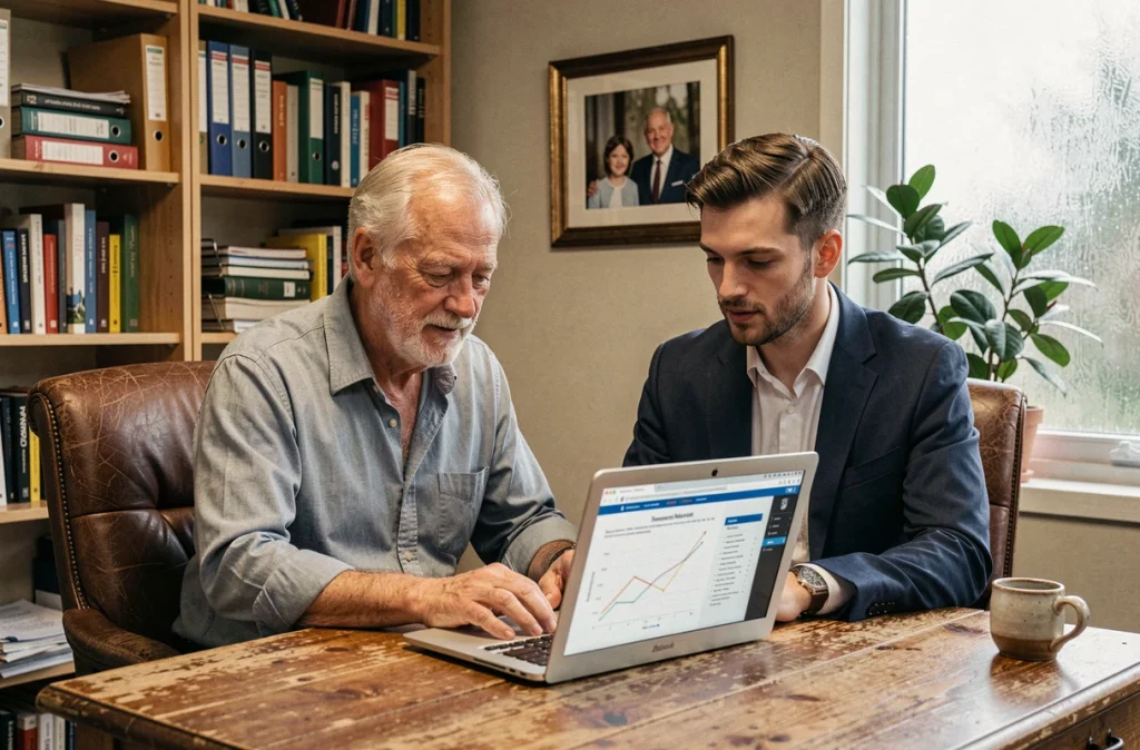 Entrepreneur senior et jeune successeur planifiant ensemble la transmission d'entreprise familiale devant un ordinateur portable