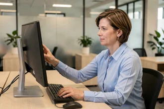 Femme en posture ergonomique devant un bureau réglable en hauteur dans un open space moderne, illustrant la prévention des troubles musculo-squelettiques au travail