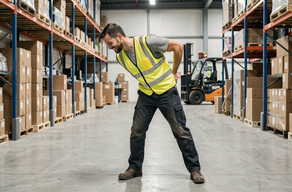 Ouvrier en entrepôt effectuant des étirements du bas du dos pendant une pause, pour prévenir les troubles musculo-squelettiques en milieu industriel