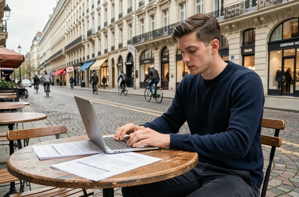 Jeune primo-accédant étudiant un dossier de prêt immobilier dans un quartier revitalisé de la ville