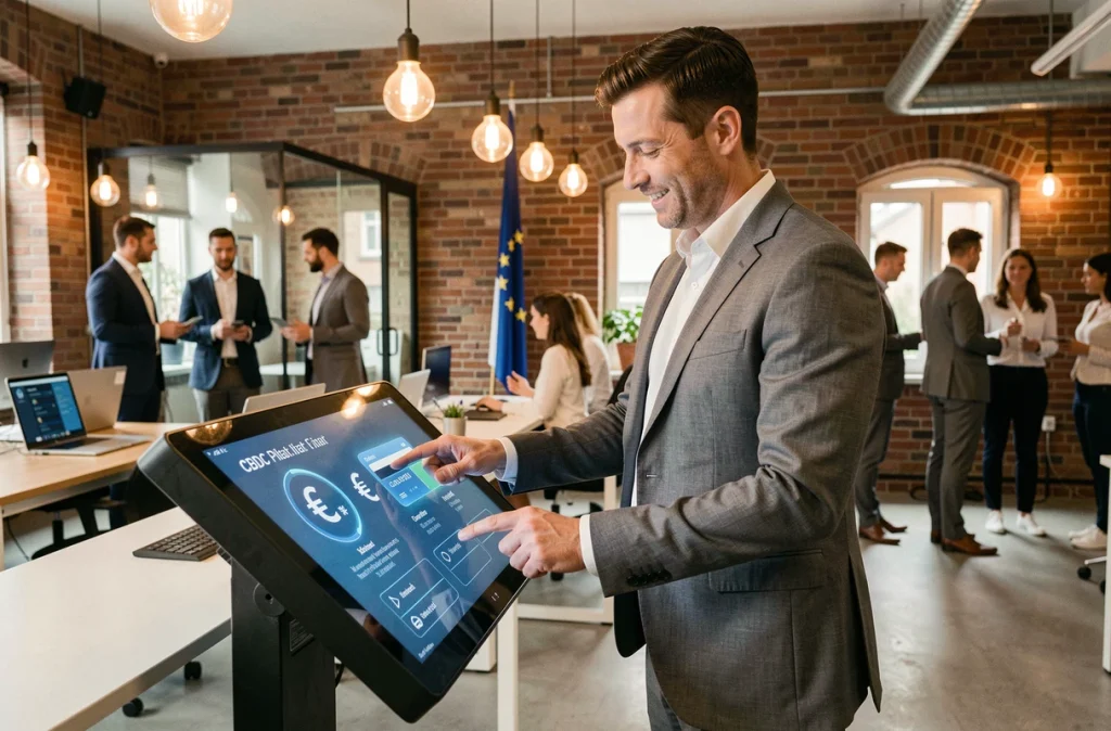 Professionnel de la finance utilisant une interface de portefeuille numérique en euro sur une tablette tactile dans un hub fintech européen lié aux projets de monnaie numérique de banque centrale