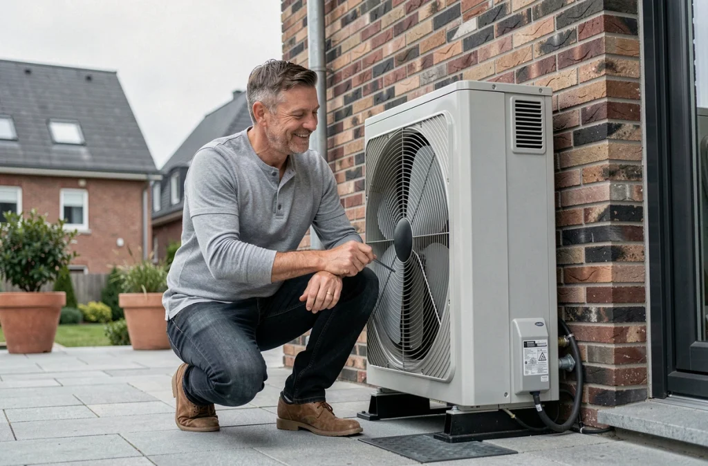 Propriétaire inspectant sa pompe à chaleur extérieure installée sur terrasse