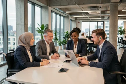Groupe de professionnels diversifiés réunis en réunion inclusive dans une grande entreprise française moderne